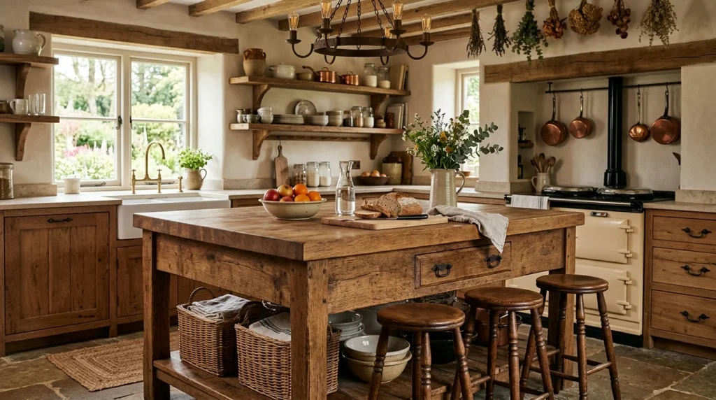 rustic kitchen island wooden warm farmhouse aesthetic