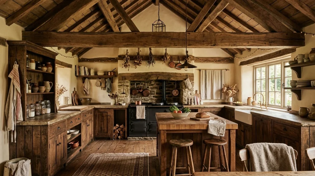 rustic kitchen with exposed wooden ceiling beams cozy interior