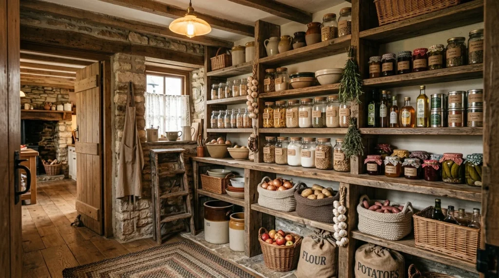 rustic pantry storage wooden shelves cozy organization