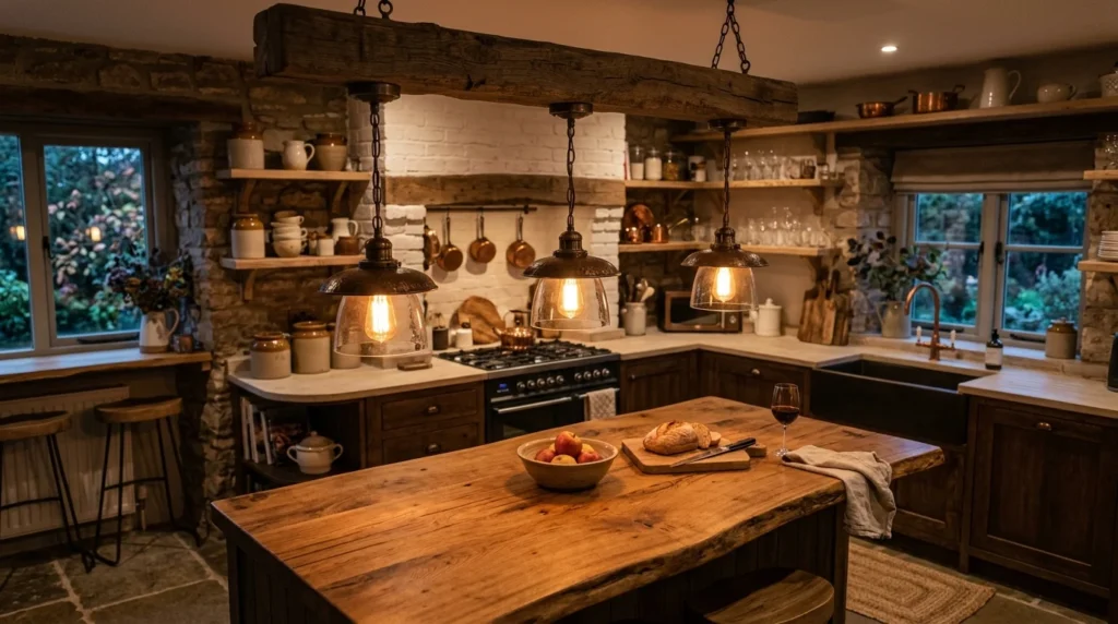 rustic pendant lights kitchen warm cozy glow
