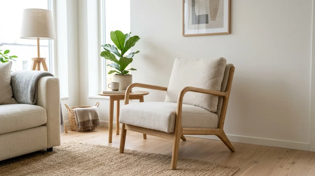 scandinavian living room chair light wood neutral decor