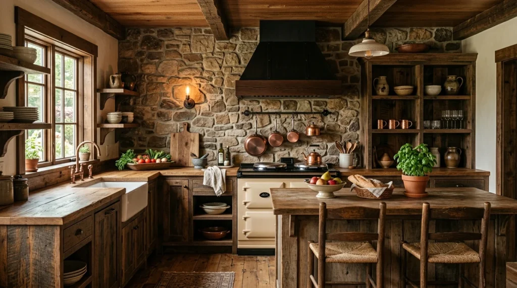 stone accent wall rustic kitchen warm earthy aesthetic
