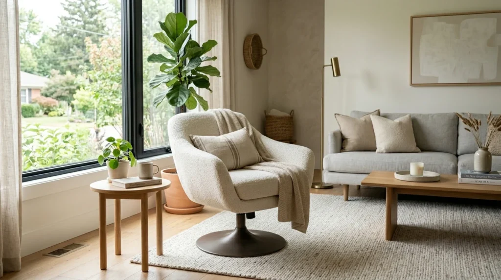 modern swivel chair neutral living room aesthetic design