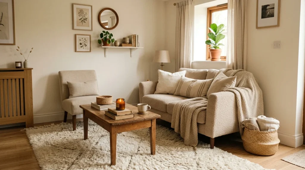 tiny living room with soft textured rug adding warmth and comfort
