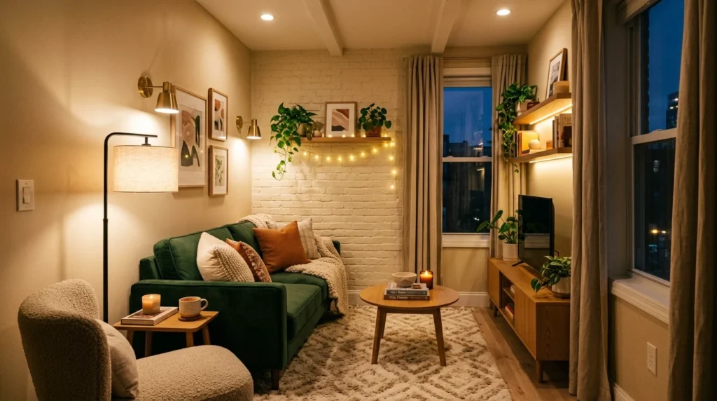 tiny living room with layered warm lighting and cozy atmosphere