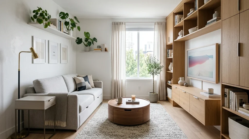 tiny living room with hidden storage furniture and clutter free design