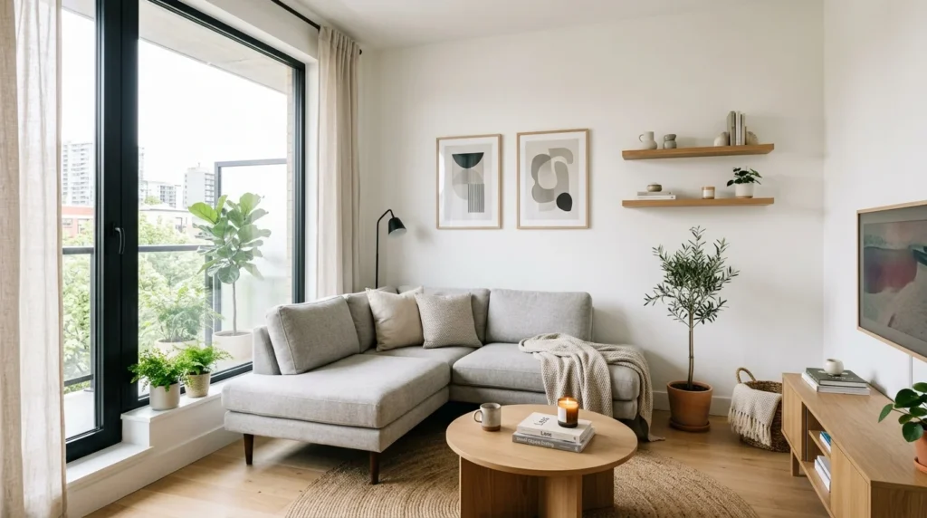 tiny living room with low profile sofa and open airy layout
