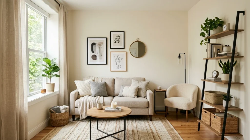 tiny living room with cohesive neutral color palette and balanced decor