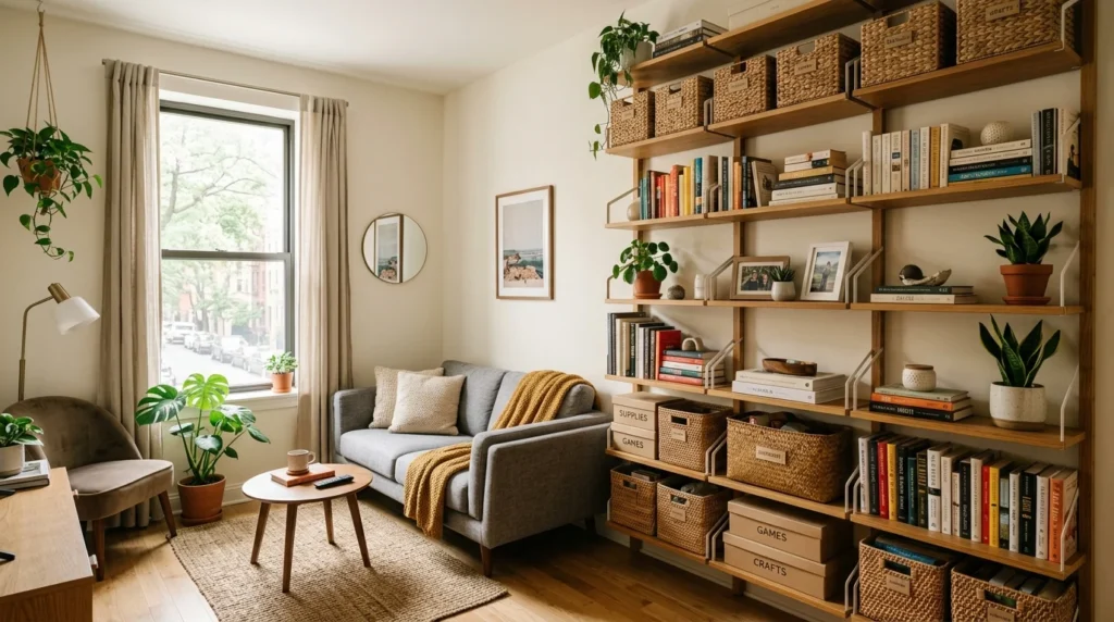 tiny living room with vertical storage shelves maximizing space efficiently
