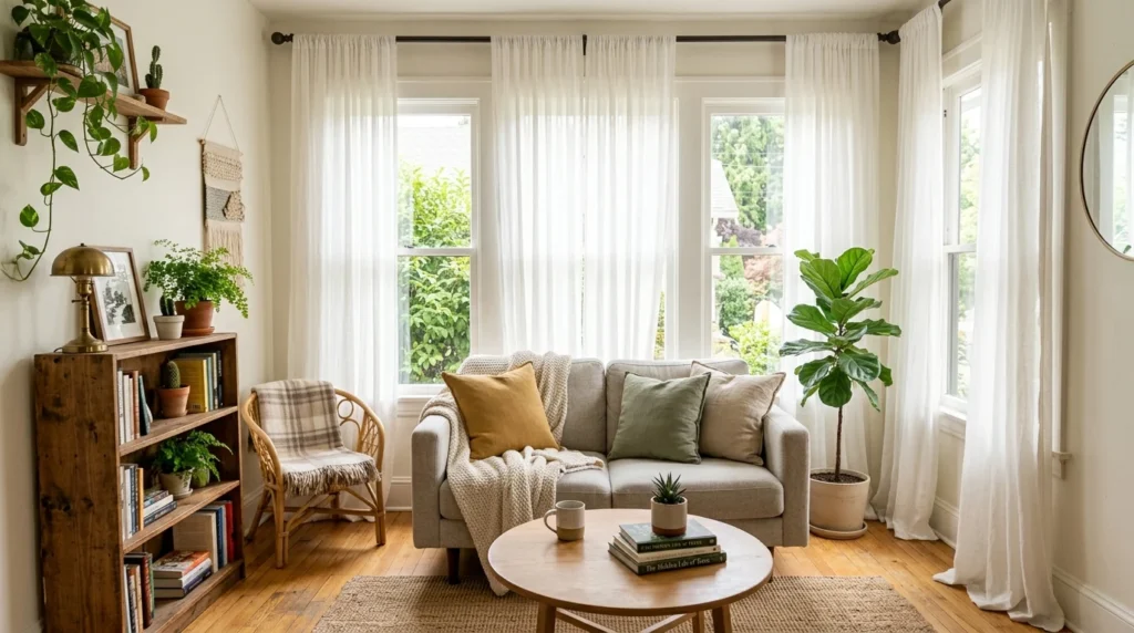 tiny living room with floor to ceiling curtains making ceilings appear taller