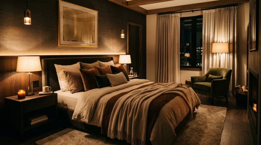 warm ambient lighting elegant cozy luxury bedroom aesthetic