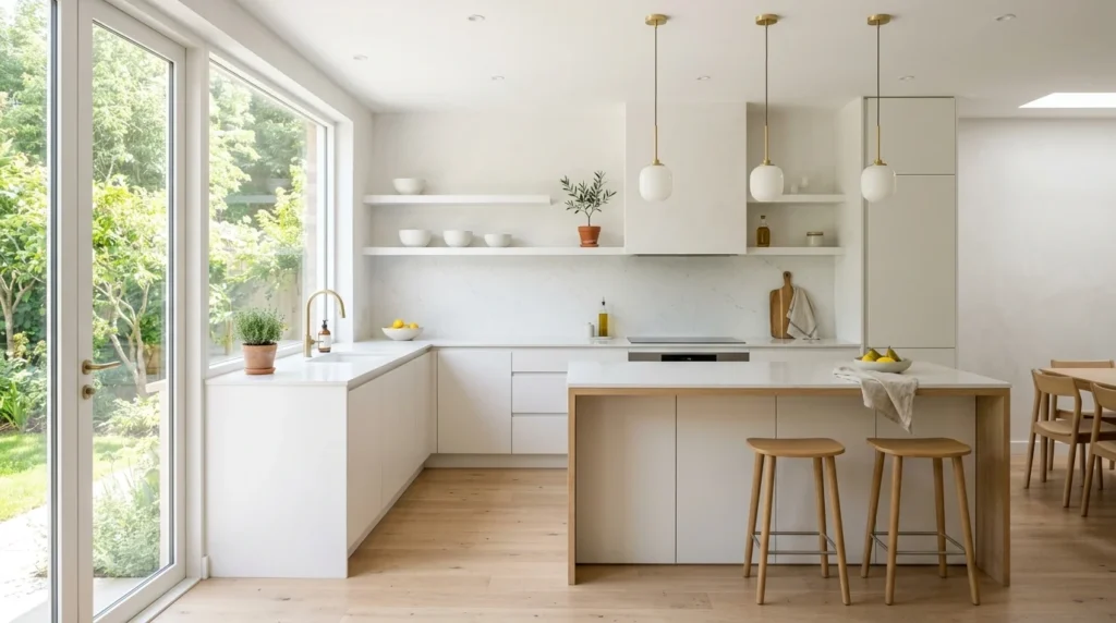 soft white kitchen with bright airy design and modern minimalist decor