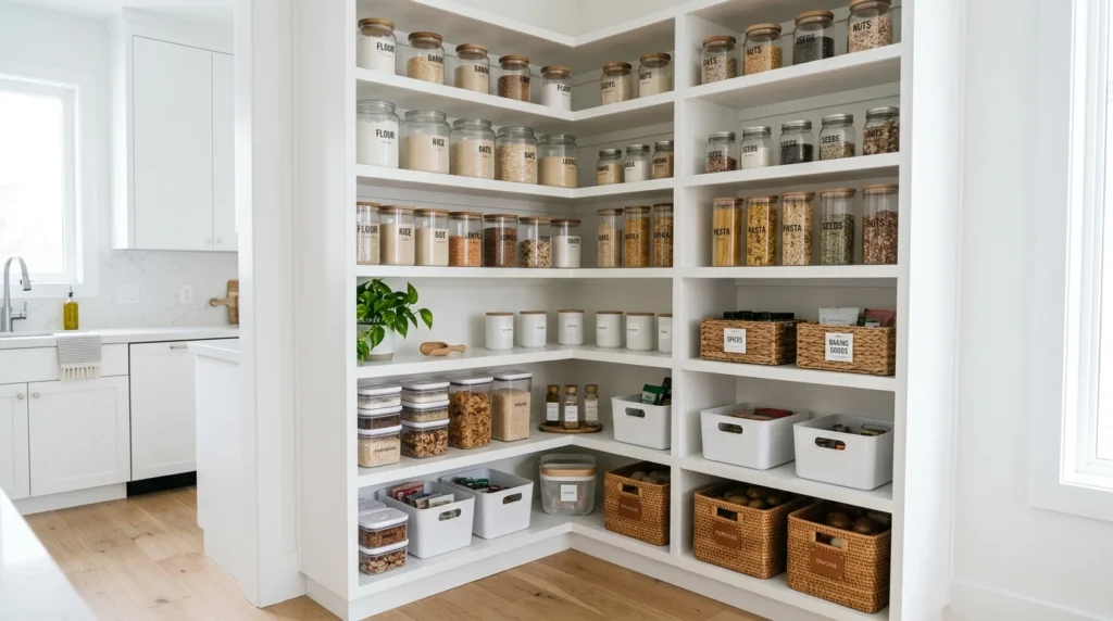 minimalist white corner pantry with clean organized shelves