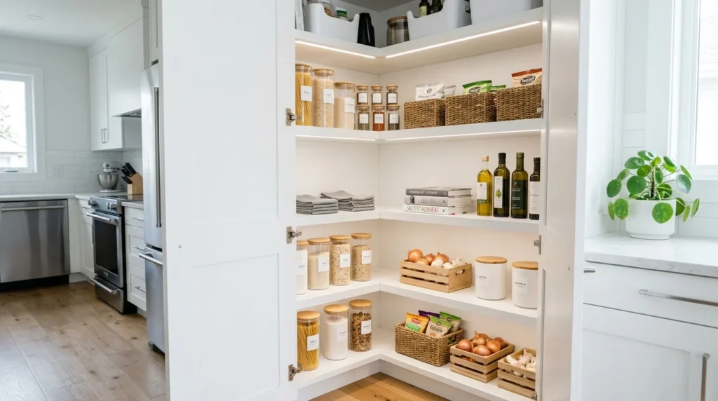 corner pantry with glass doors and elegant kitchen organization