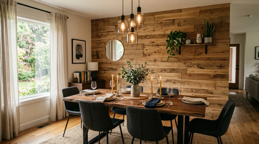 wooden accent wall dining room cozy modern luxury design
