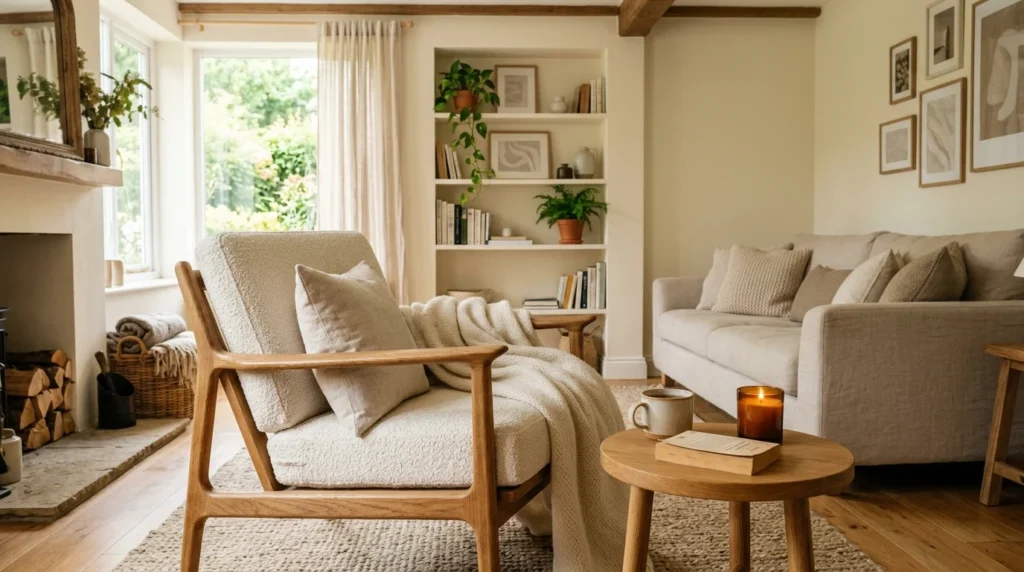 wooden frame chair cozy neutral modern living room