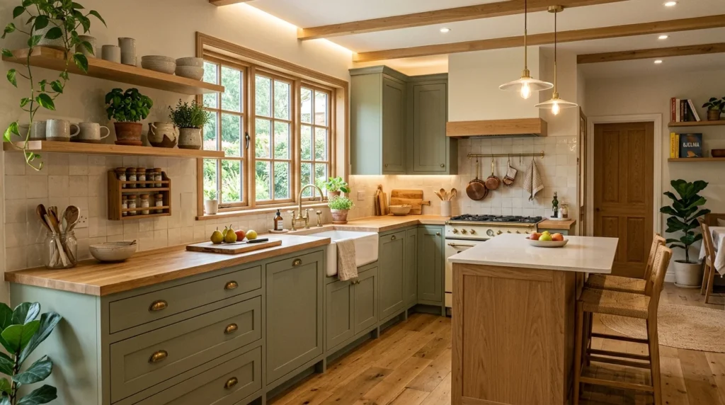 sage green kitchen with natural wood accents and calming modern design