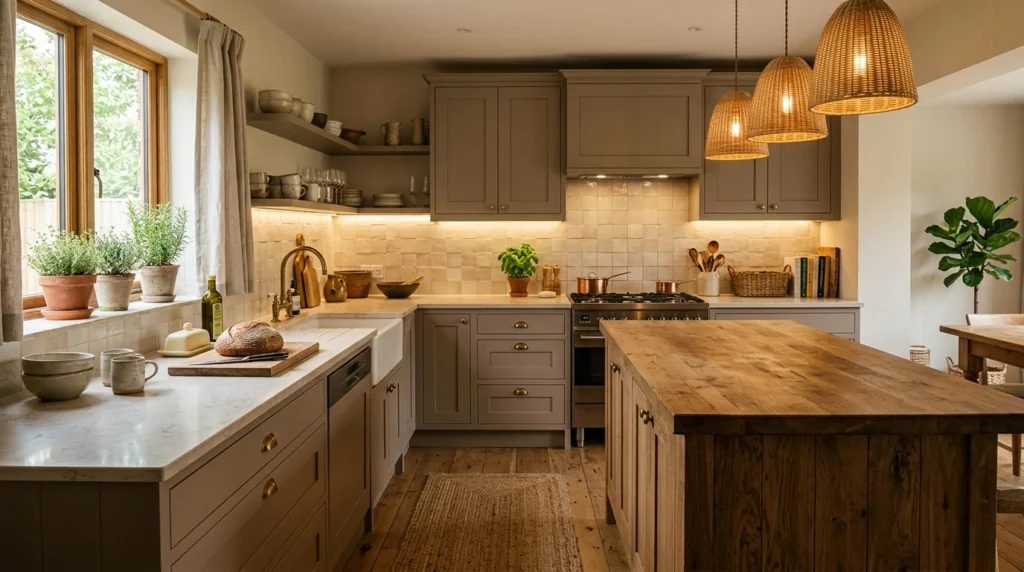 taupe kitchen cabinets with cozy lighting and modern neutral decor