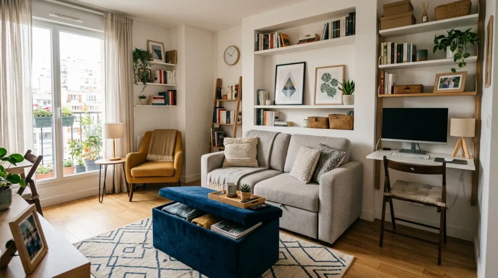 tiny living room with multifunctional furniture and smart storage solutions