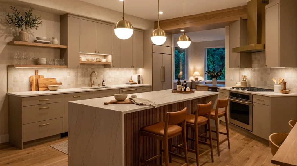 warm beige kitchen with cozy modern cabinets and elegant neutral tones
