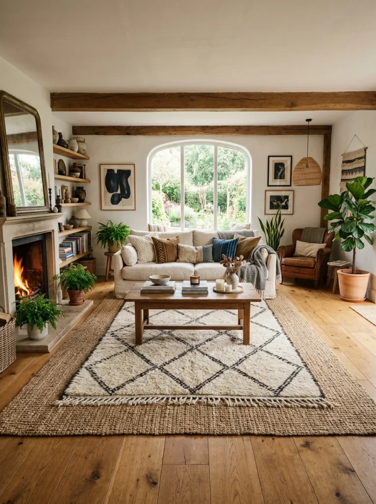 Layered rugs adding texture and depth to a living room
