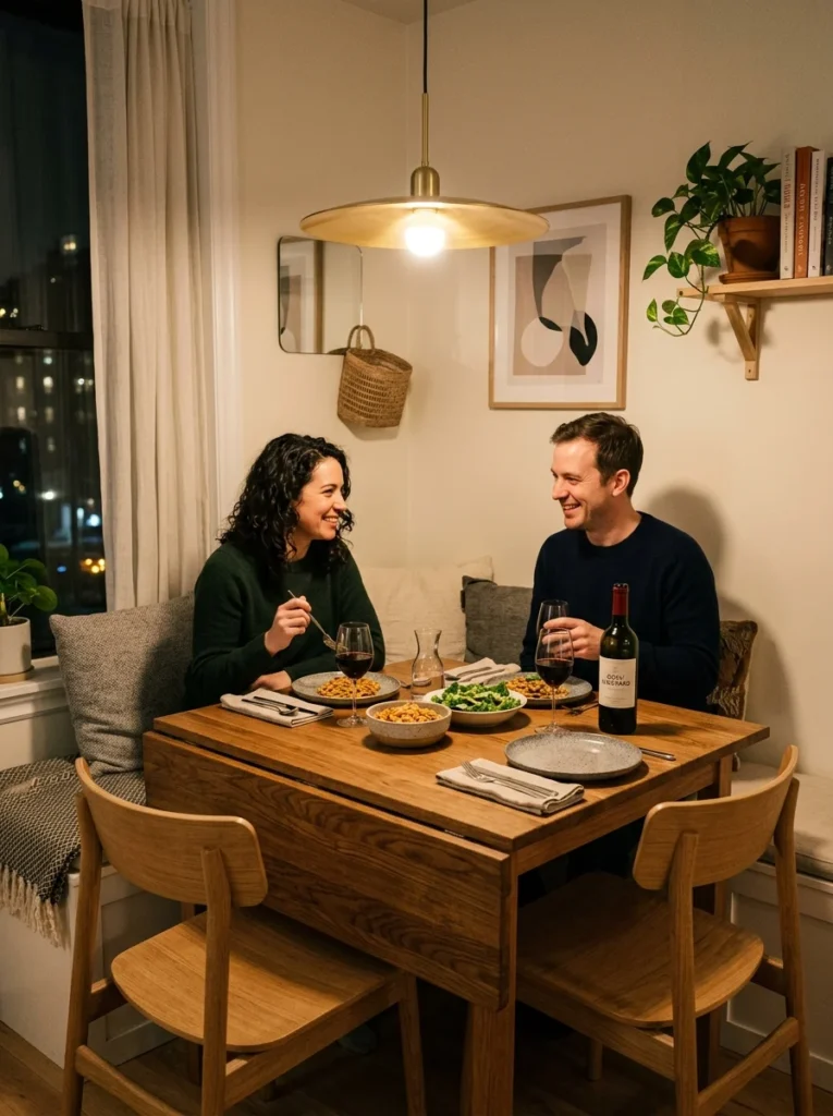 Drop-leaf dining table for flexible seating in tiny dining room.