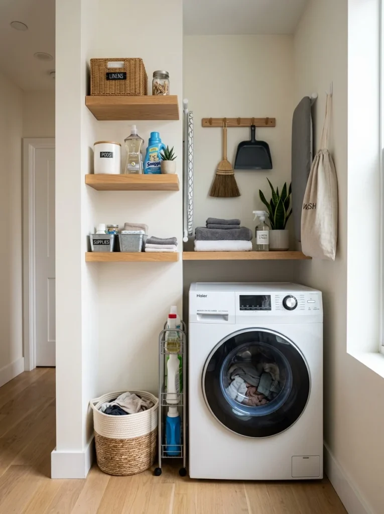 Compact washer-dryer combo unit in tiny apartment laundry space.