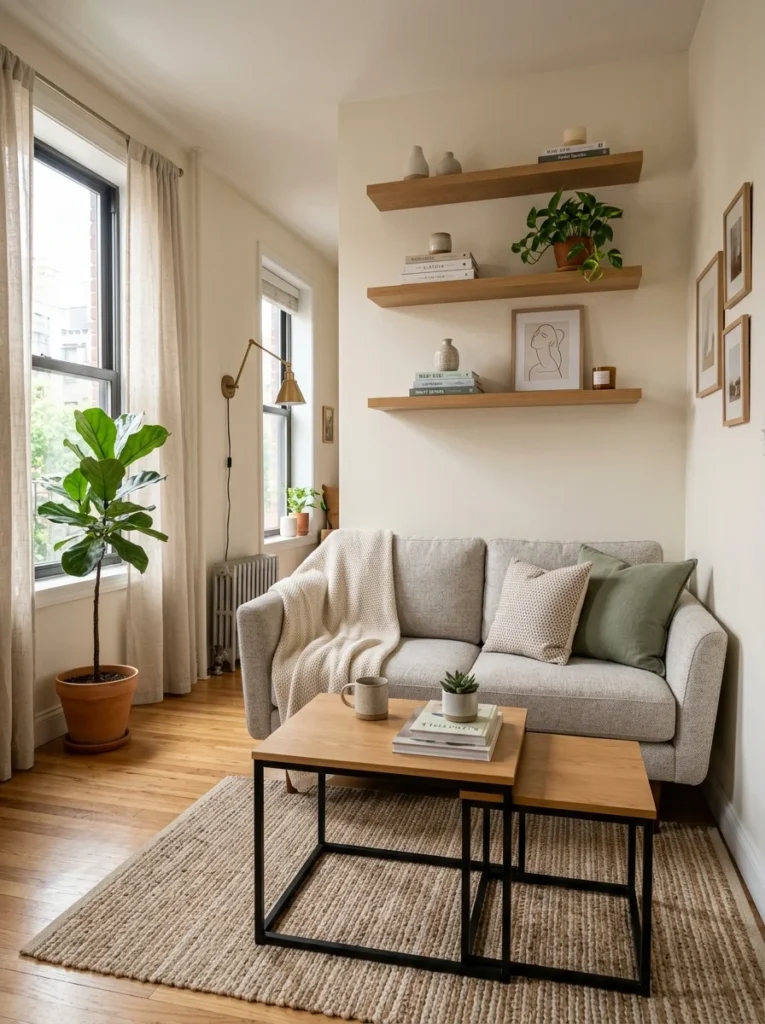 Small living room layout with compact furniture and open floor space.