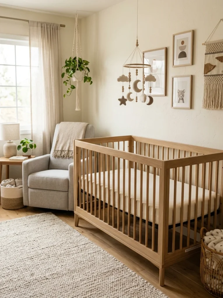 Safe baby crib with fitted mattress and minimalist nursery decor.