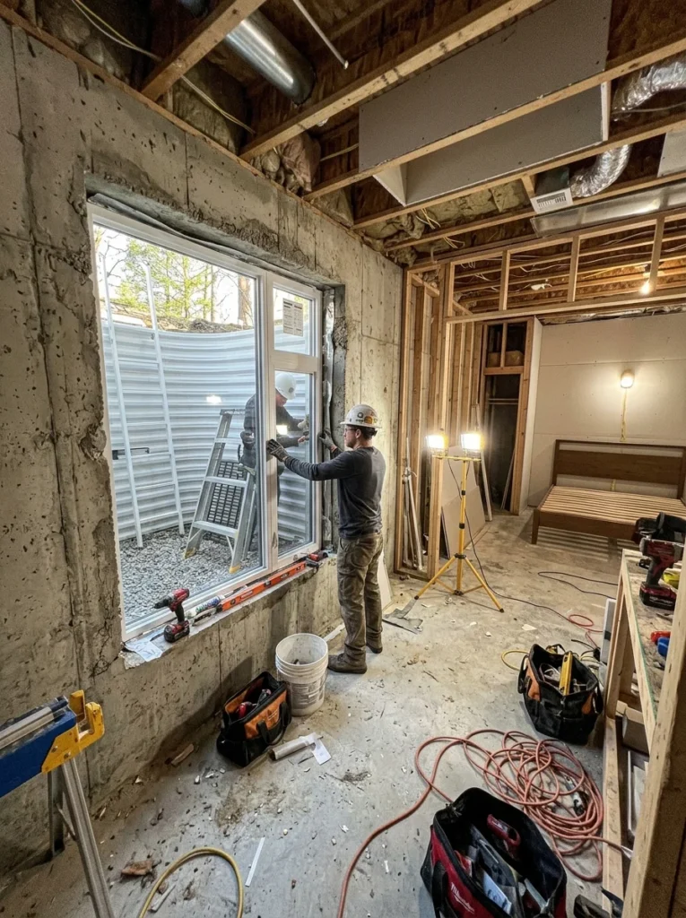Basement bedroom renovation with large egress window installation for safety compliance.