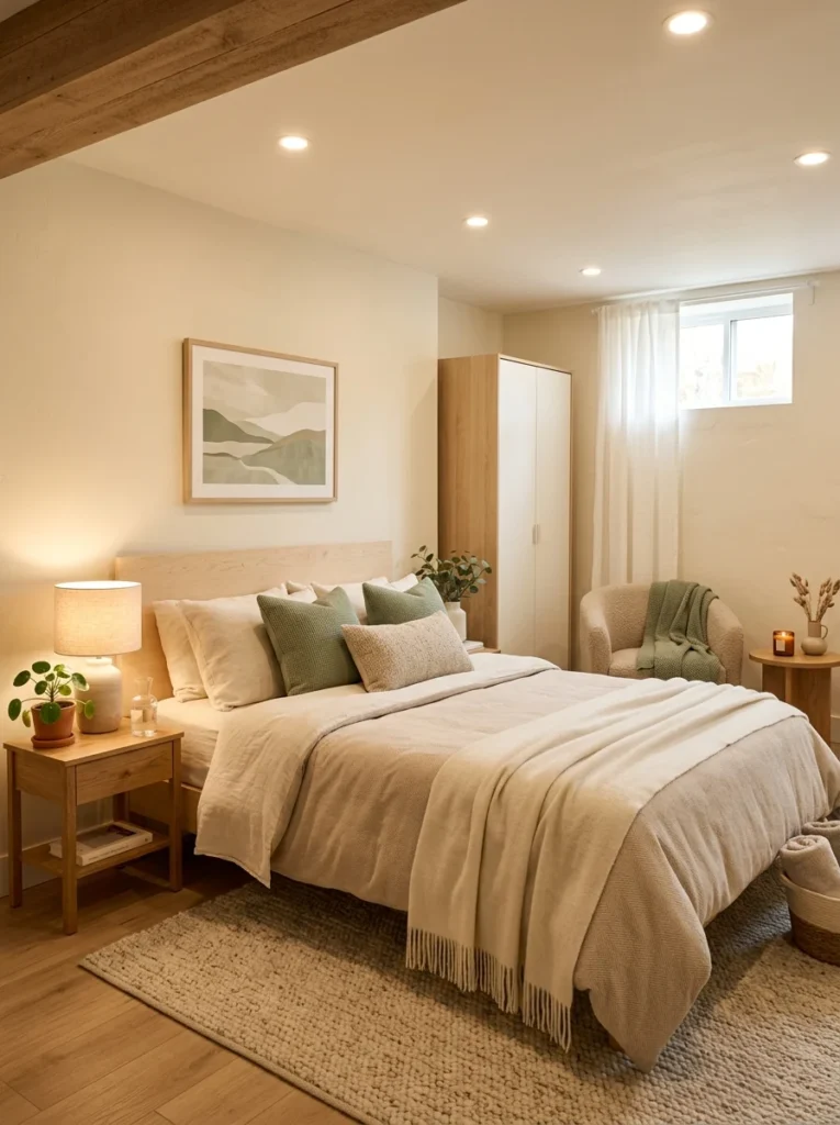 Warm neutral basement bedroom with cozy modern color palette and soft decor.
