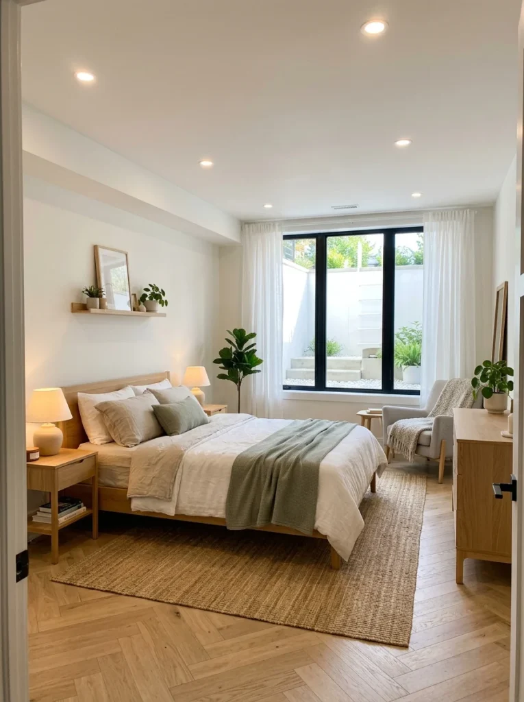 Bright basement bedroom with warm lighting and large egress window for natural light.