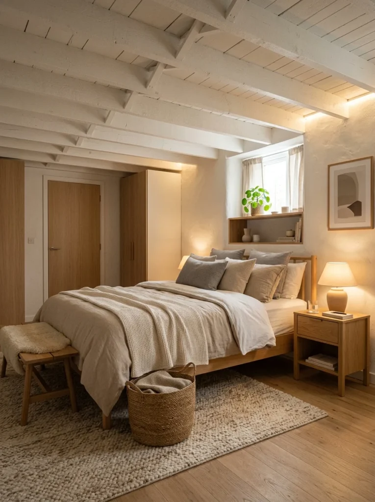 Modern basement bedroom with white ceiling beams creating an open airy feel.