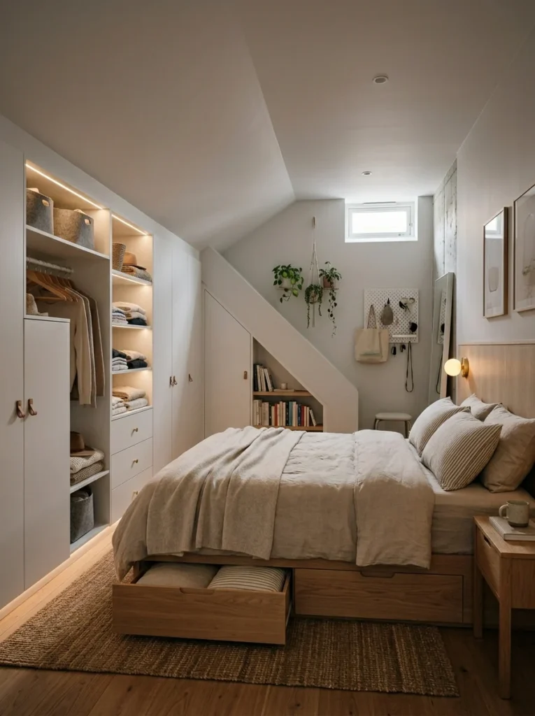 Smart built-in storage ideas for small modern basement bedroom.