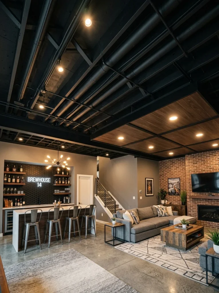 Modern unfinished basement ceiling ideas with recessed lighting and exposed beams.