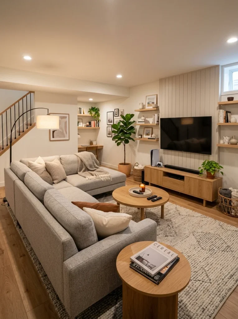 Cozy finished basement family room with modern entertainment setup.