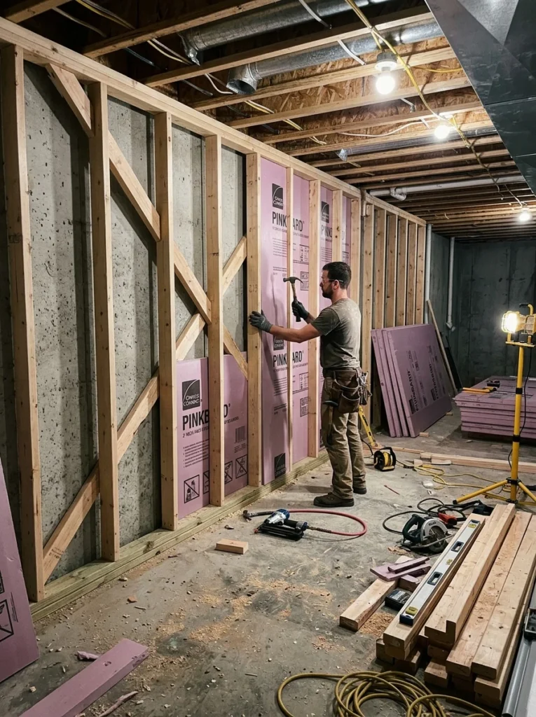 Basement framing and insulation installation with wood stud walls, foam board insulation, unfinished basement under construction, realistic renovation photography
