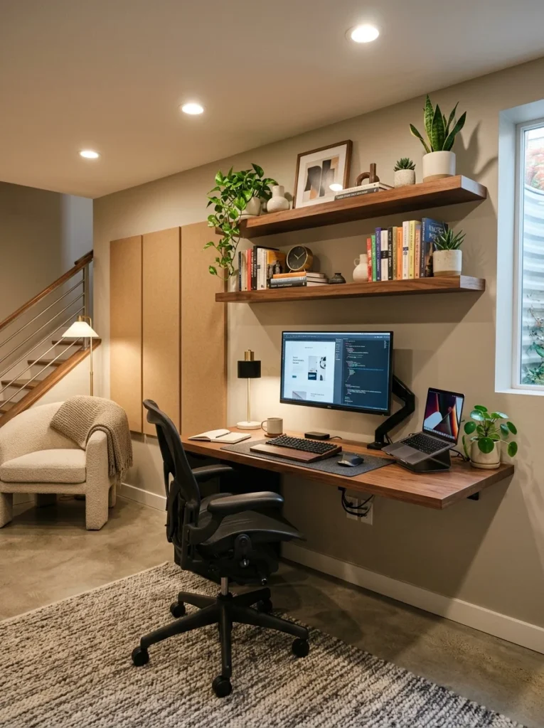 Modern basement home office with cozy lighting and minimalist decor.