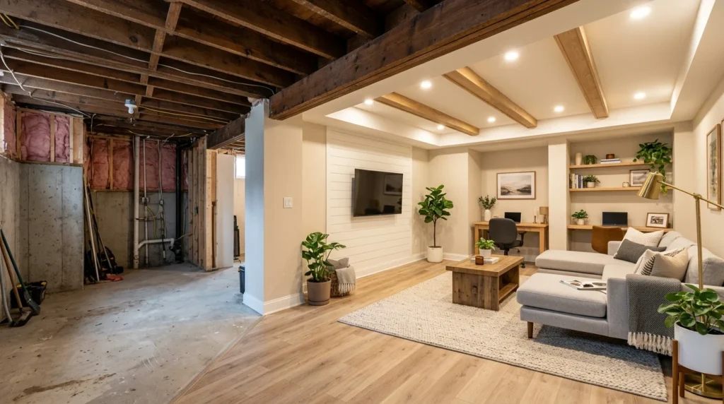 Modern unfinished basement transformed into a cozy livable space with exposed ceiling beams, luxury vinyl flooring, recessed lighting, Scandinavian decor, sectional sofa, and warm neutral colors.