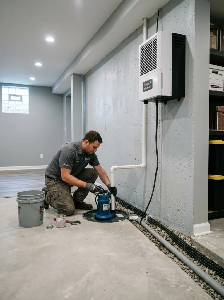 Basement waterproofing and moisture control system for finished basement renovation.