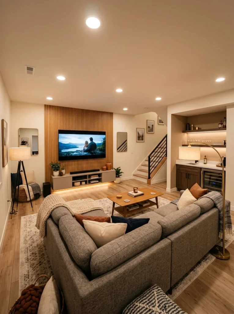 Warm recessed lighting ideas for modern finished basement spaces.