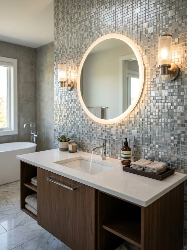 Glass mosaic tile backsplash behind modern bathroom vanity.