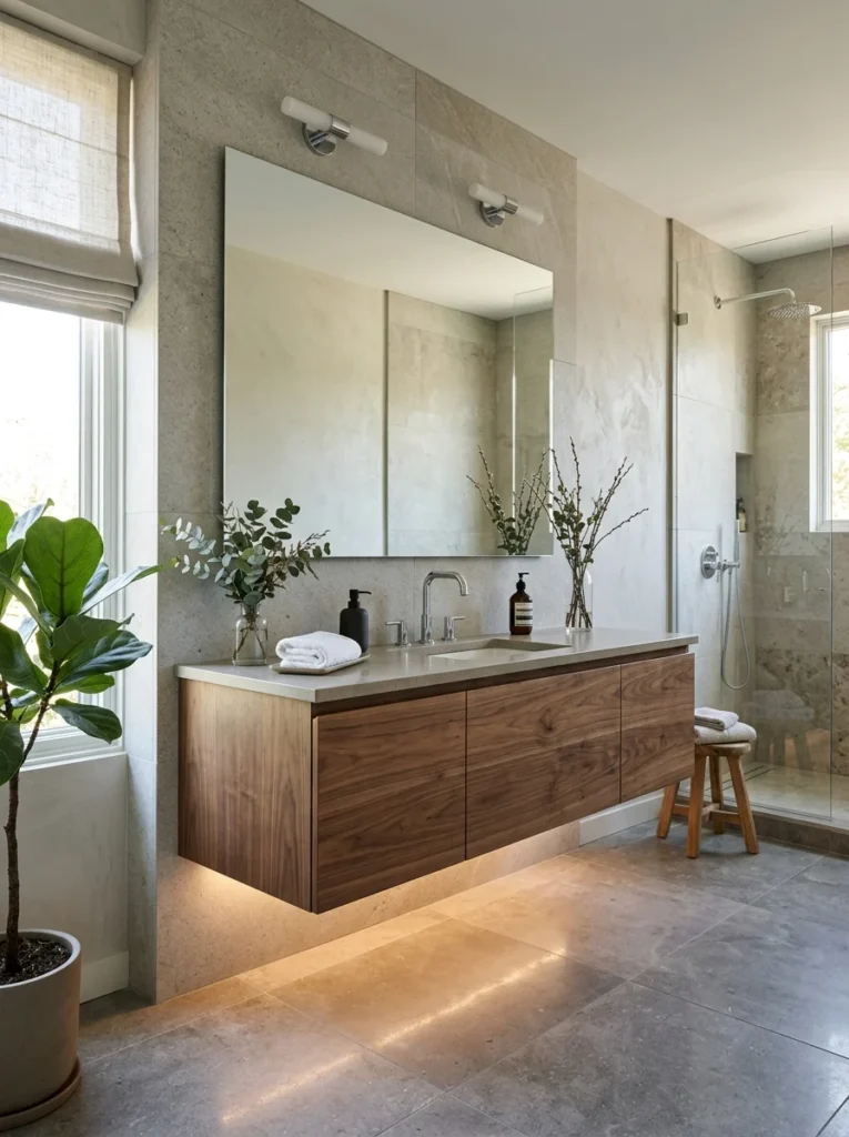 Floating vanity with visible floor space making bathroom feel larger.