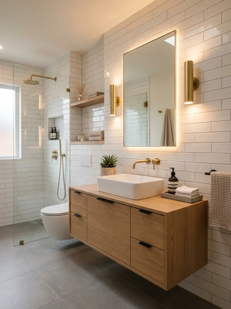 Bathroom with glossy ceramic wall tiles and modern floating vanity.