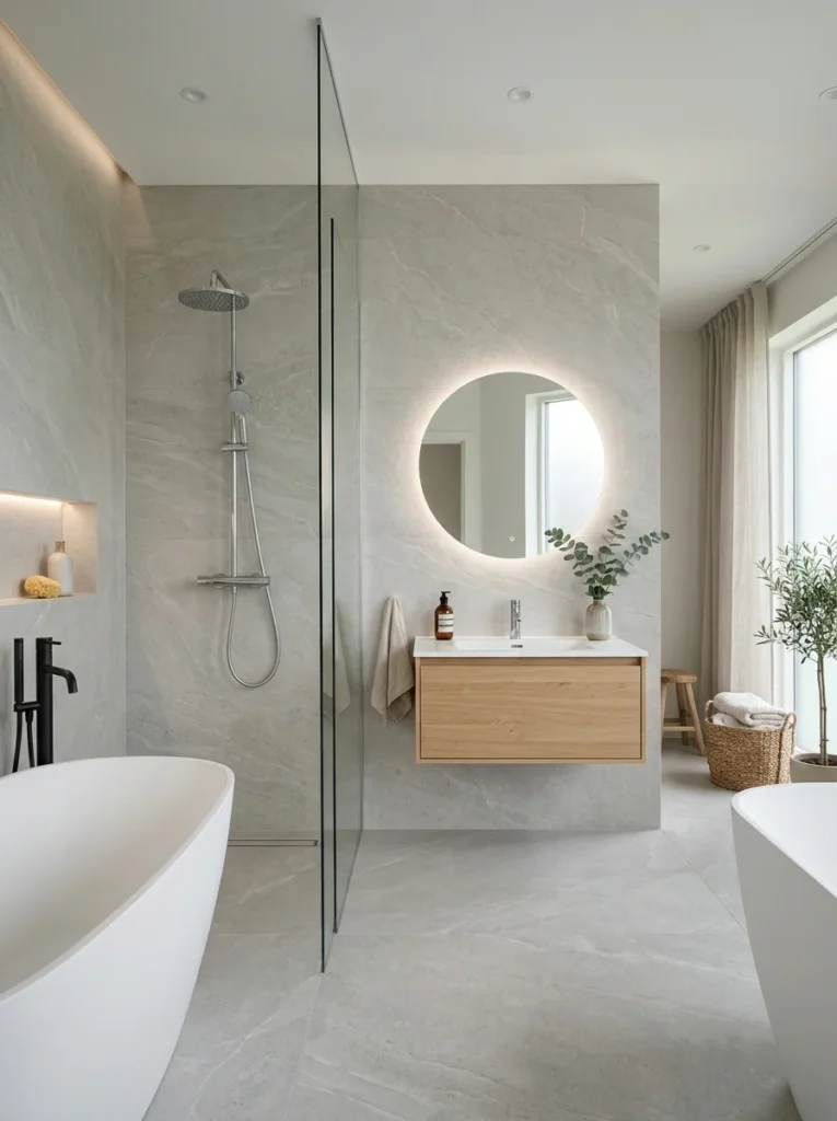 Large-format bathroom tiles creating seamless modern spa aesthetic.