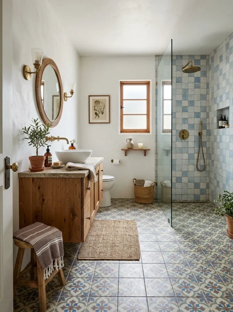 Patterned cement floor tiles in stylish Mediterranean bathroom.