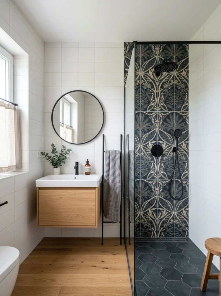 Simple bathroom wall tiles paired with luxury patterned shower feature wall.