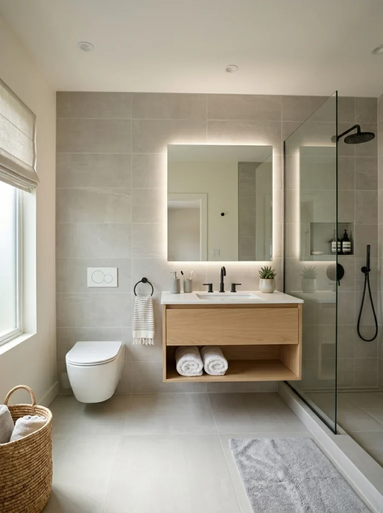 Bathroom with medium-format 12x24 porcelain wall tiles.