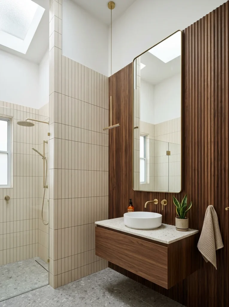 Bathroom with vertical stacked tiles, tall mirror, fluted wall texture, high-ceiling illusion, realistic interior photography