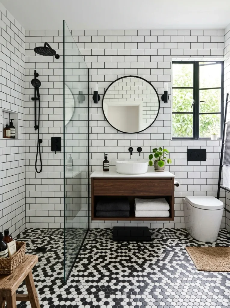 Black and white bathroom tile combination with subway wall tiles.